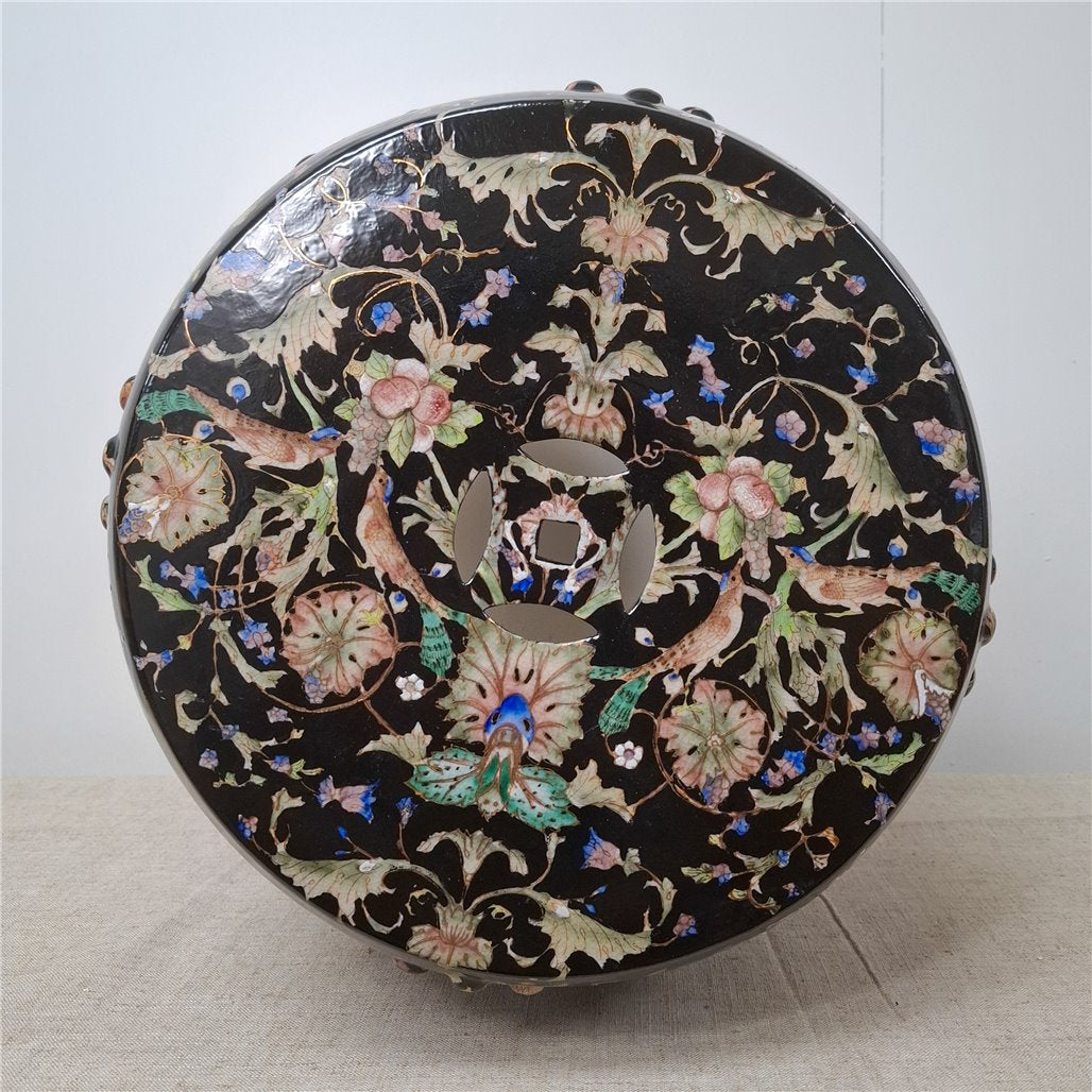 Danny's Fine Porcelain Black Floral Porcelain Garden Stool - CLOSEOUT