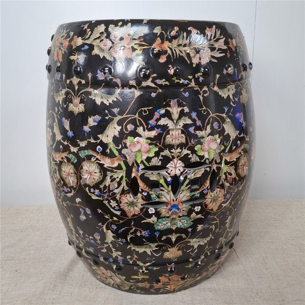 Danny's Fine Porcelain Black Floral Porcelain Garden Stool - CLOSEOUT