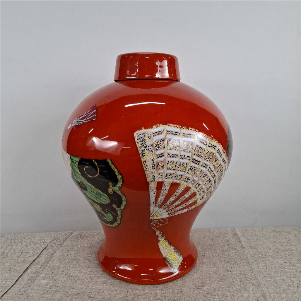 Danny's Fine Porcelain Red Fan Porcelain Covered Jar - CLOSEOUT