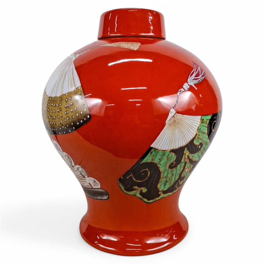 Danny's Fine Porcelain Red Fan Porcelain Covered Jar - CLOSEOUT