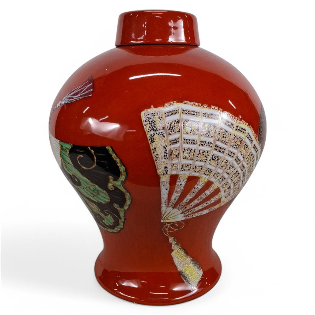 Danny's Fine Porcelain Red Fan Porcelain Covered Jar - CLOSEOUT