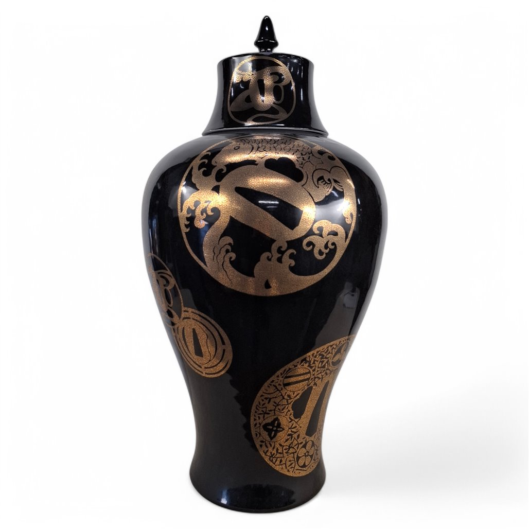 Danny's Fine Porcelain Black Fan Porcelain Covered Jar - CLOSEOUT