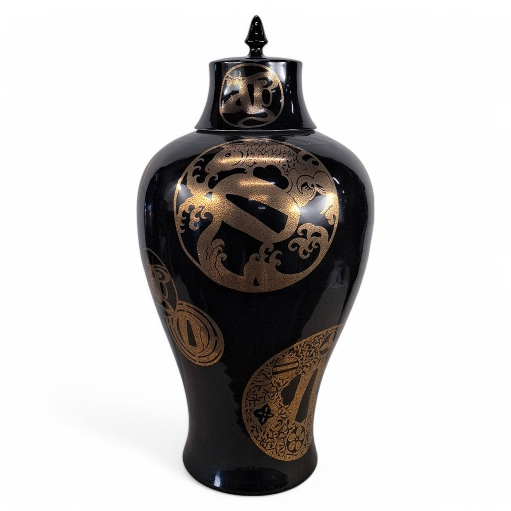 Danny's Fine Porcelain Black Fan Porcelain Covered Jar - CLOSEOUT