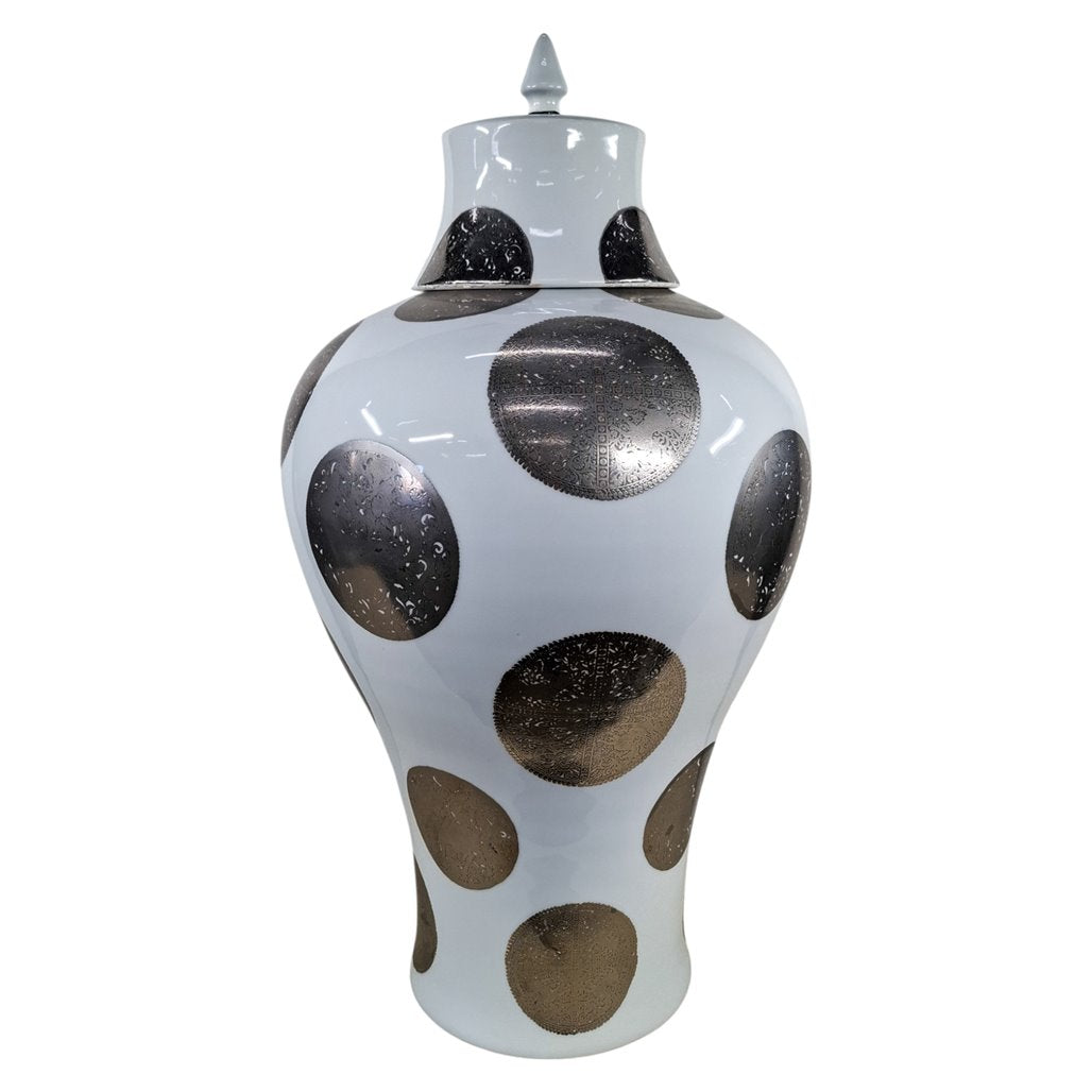 Danny's Fine Porcelain White Porcelain Covered Jar with Metallic Dot Pattern - CLOSEOUT