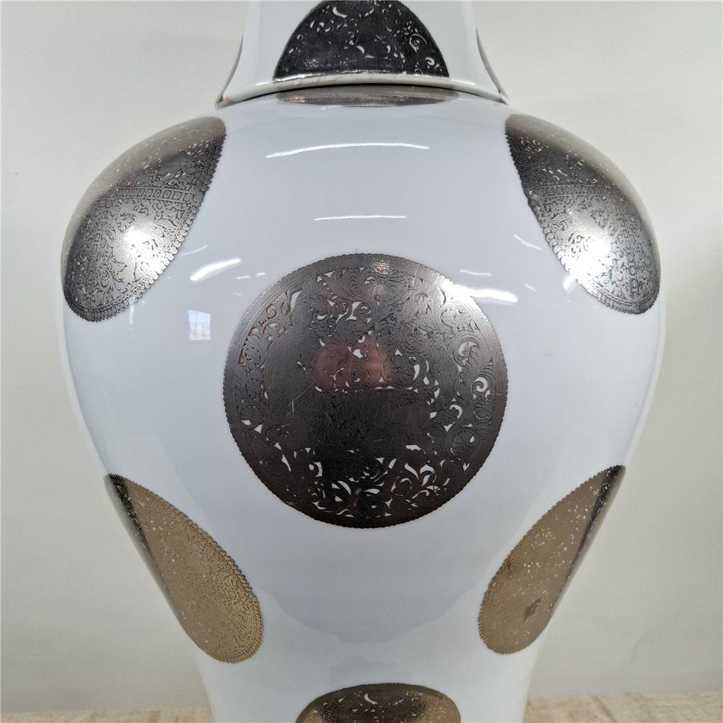 Danny's Fine Porcelain White Porcelain Covered Jar with Metallic Dot Pattern - CLOSEOUT