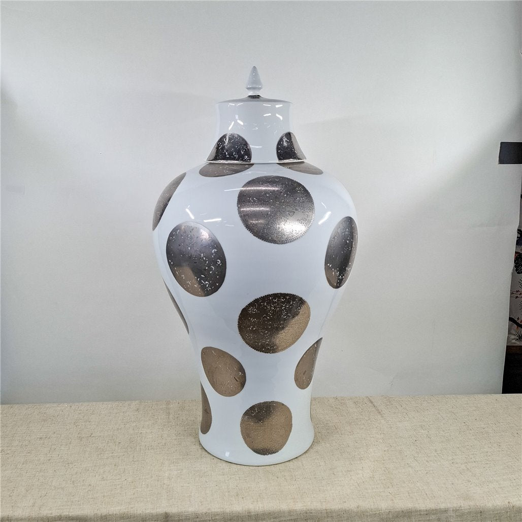 Danny's Fine Porcelain White Porcelain Covered Jar with Metallic Dot Pattern - CLOSEOUT