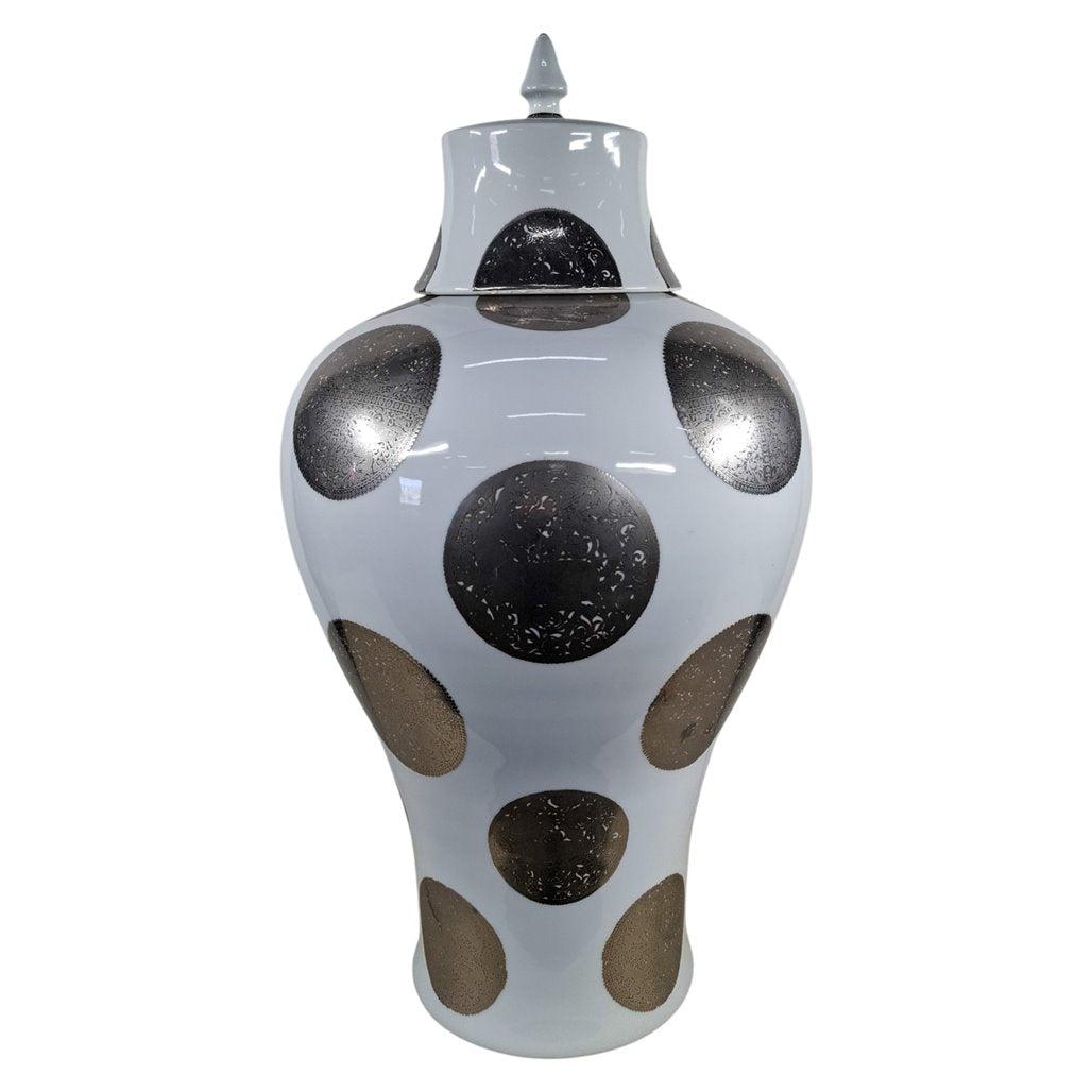 Danny's Fine Porcelain White Porcelain Covered Jar with Metallic Dot Pattern - CLOSEOUT
