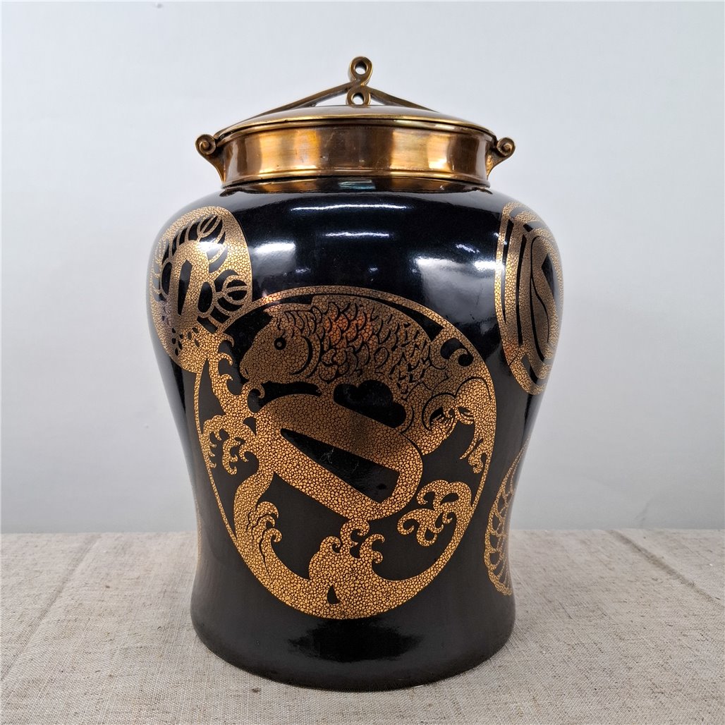 Danny's Fine Porcelain Black Porcelain Dragon Covered Jar - CLOSEOUT