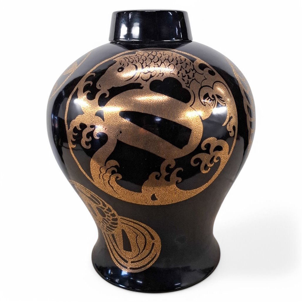 Danny's Fine Porcelain Black Gold Floral Round Vase - CLOSEOUT