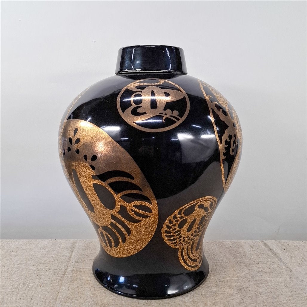 Danny's Fine Porcelain Black Gold Floral Round Vase - CLOSEOUT
