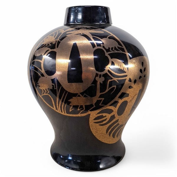 Danny's Fine Porcelain Black Gold Floral Round Vase - CLOSEOUT