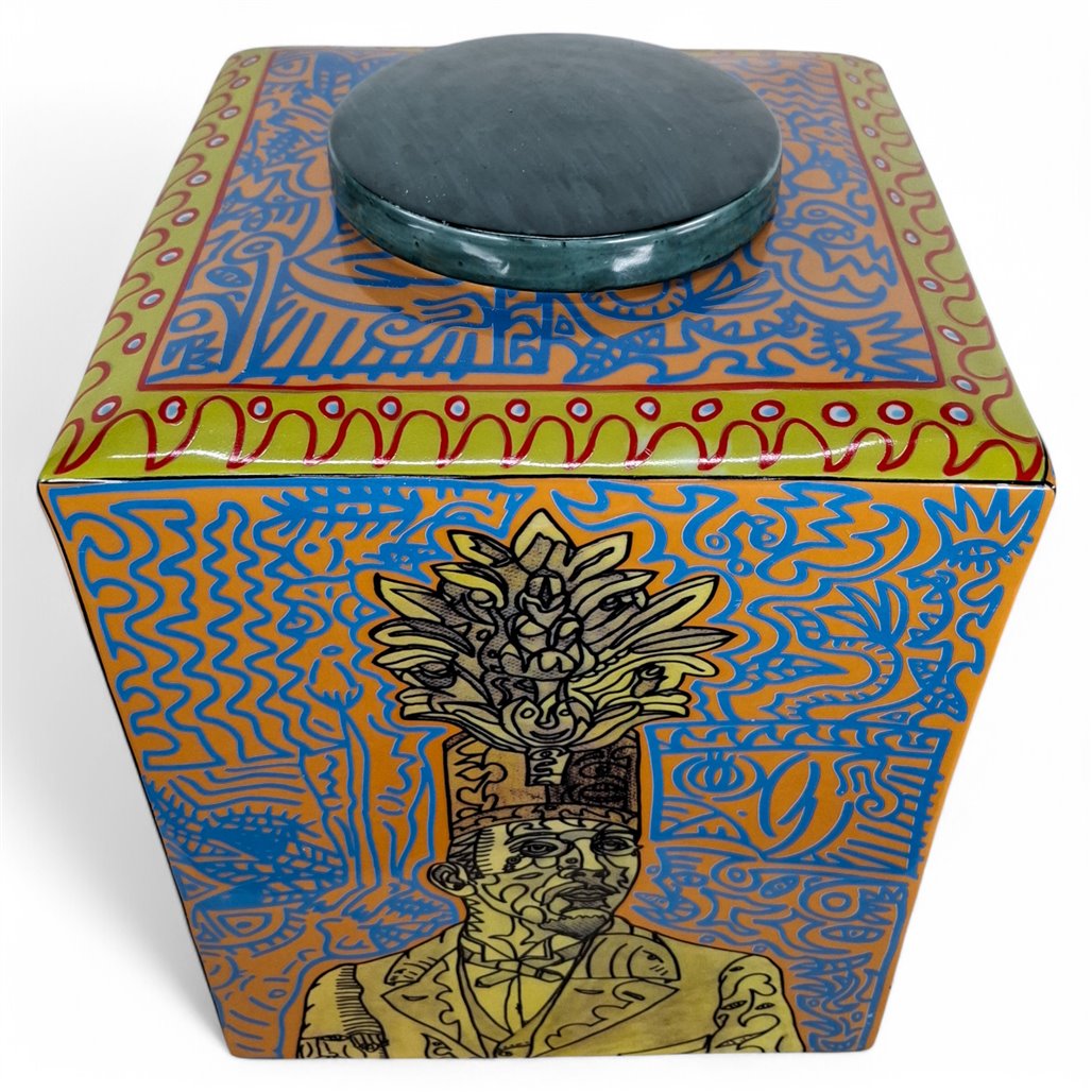 Danny's Fine Porcelain Blue Gold Square Jar - CLOSEOUT