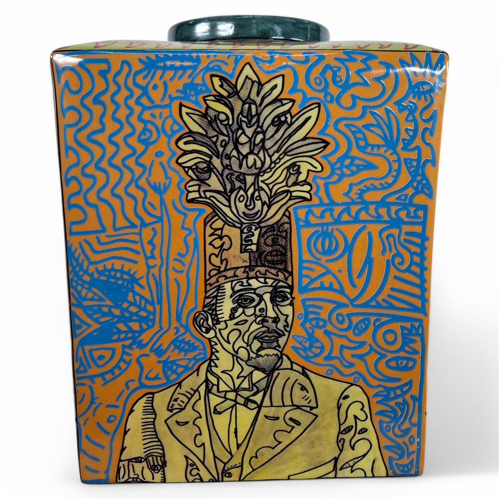 Danny's Fine Porcelain Blue Gold Square Jar - CLOSEOUT