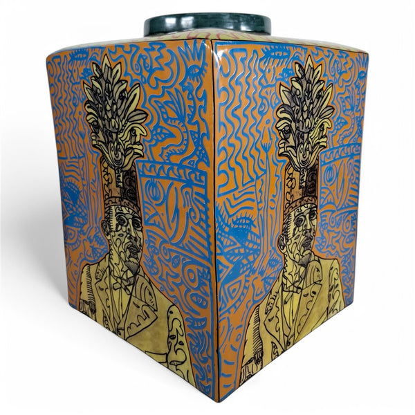 Danny's Fine Porcelain Blue Gold Square Jar - CLOSEOUT