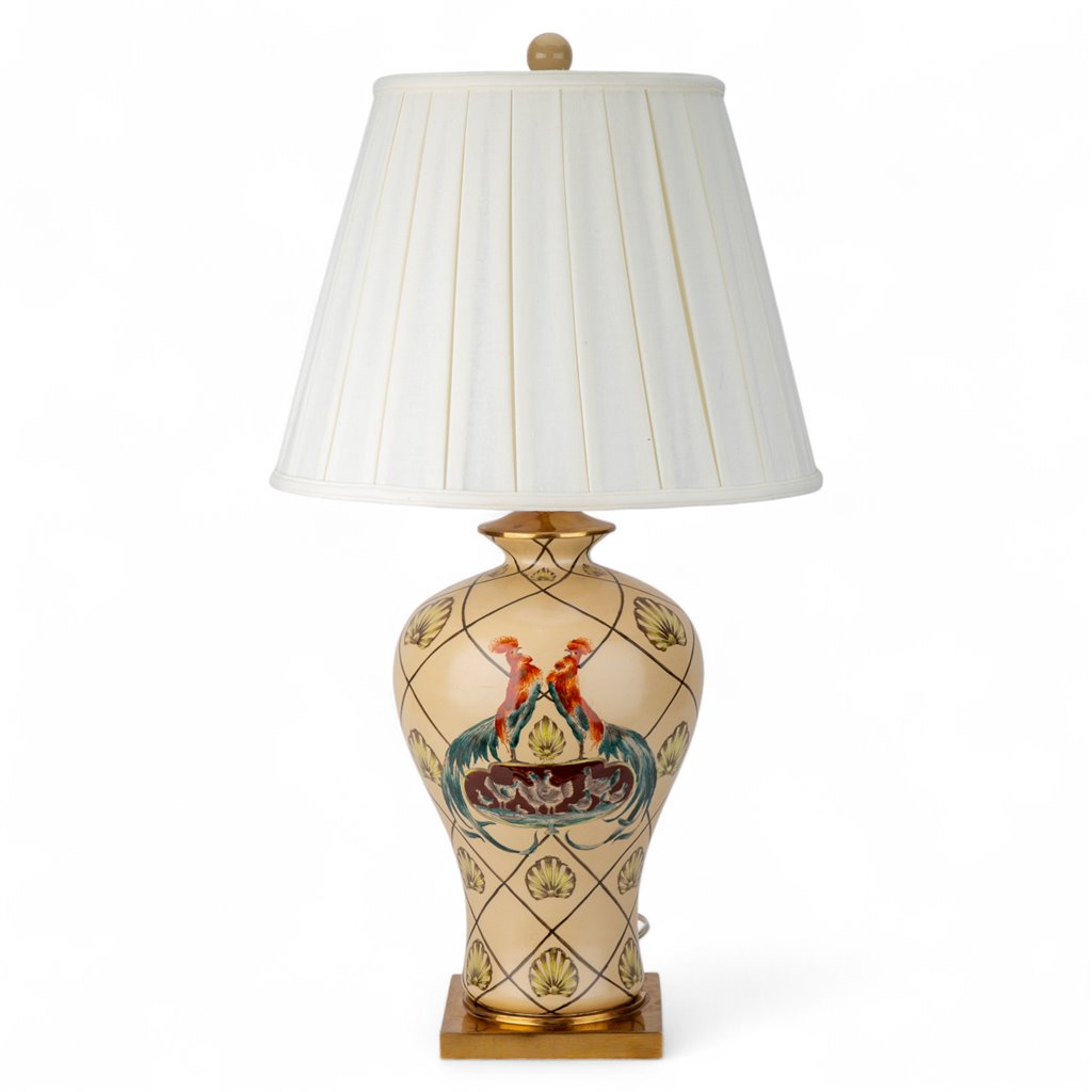 Danny's Fine Porcelain Lamp with Rooster Motif and Lattice Pattern and Bronze Ormolu Base