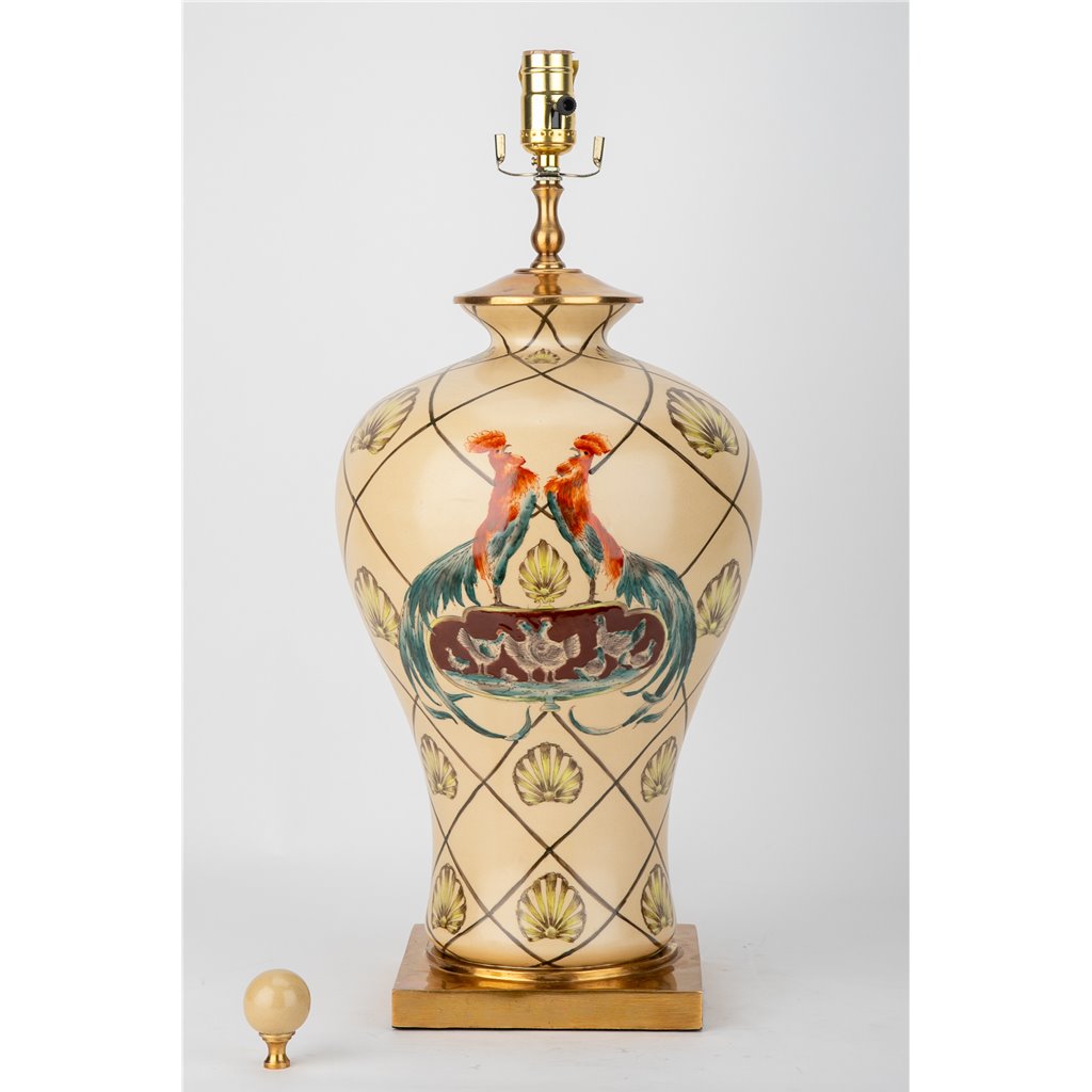 Danny's Fine Porcelain Lamp with Rooster Motif and Lattice Pattern and Bronze Ormolu Base