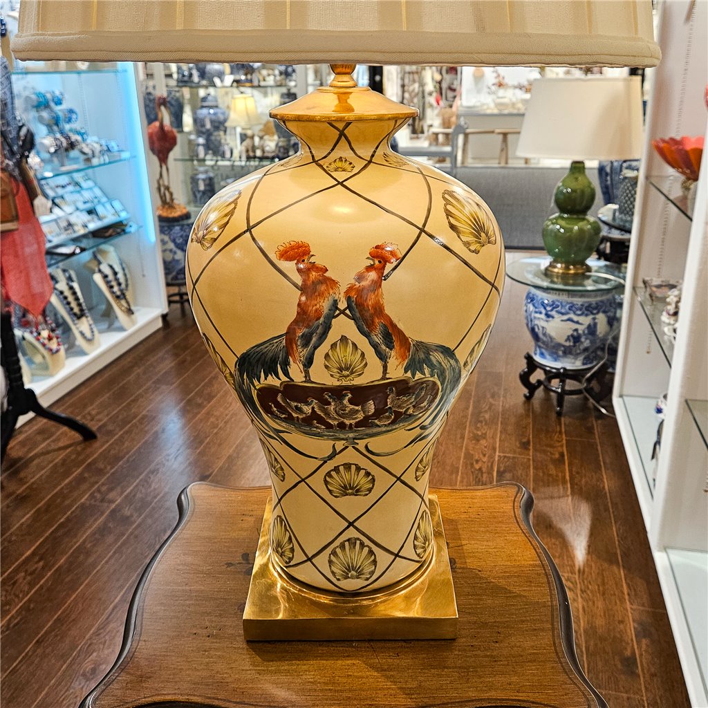 Danny's Fine Porcelain Lamp with Rooster Motif and Lattice Pattern and Bronze Ormolu Base