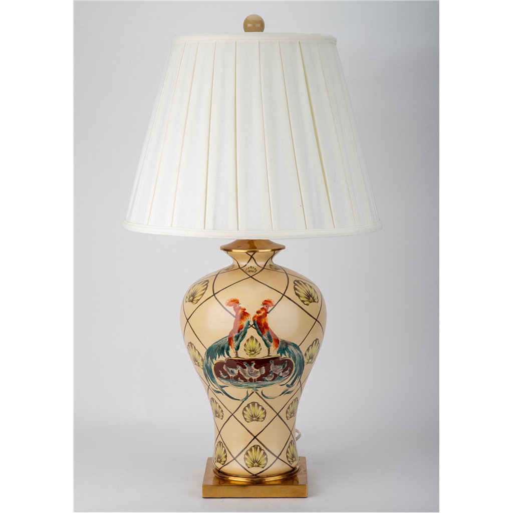 Danny's Fine Porcelain Lamp with Rooster Motif and Lattice Pattern and Bronze Ormolu Base