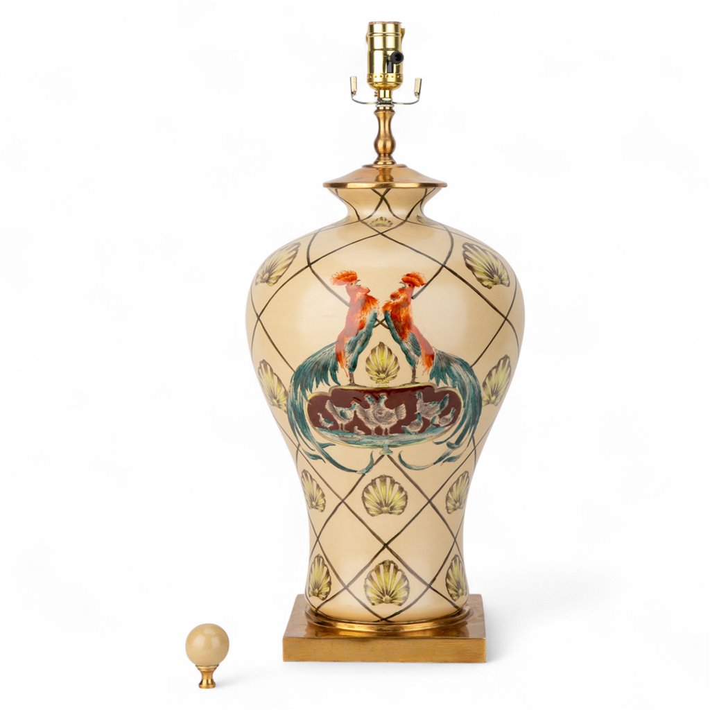 Danny's Fine Porcelain Lamp with Rooster Motif and Lattice Pattern and Bronze Ormolu Base
