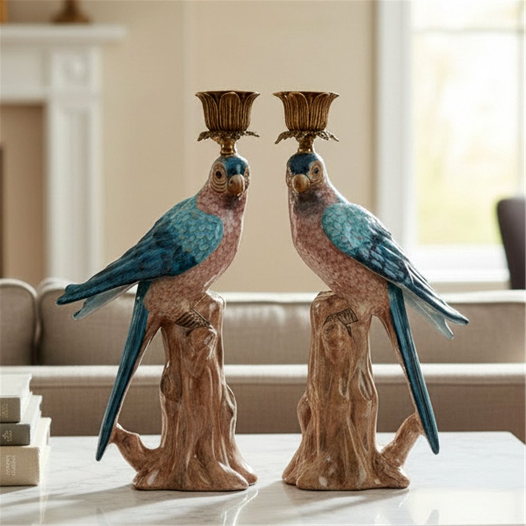 Danny's Fine Porcelain Porcelain Blue Parrot Candle Holder Pair