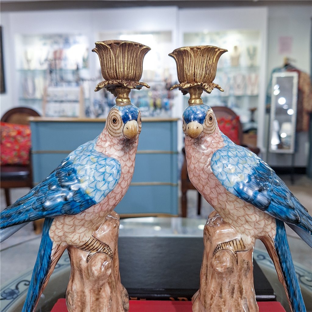 Danny's Fine Porcelain Porcelain Blue Parrot Candle Holder Pair