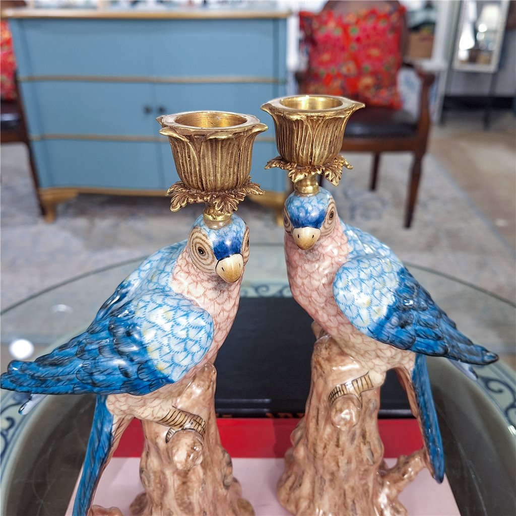 Danny's Fine Porcelain Porcelain Blue Parrot Candle Holder Pair