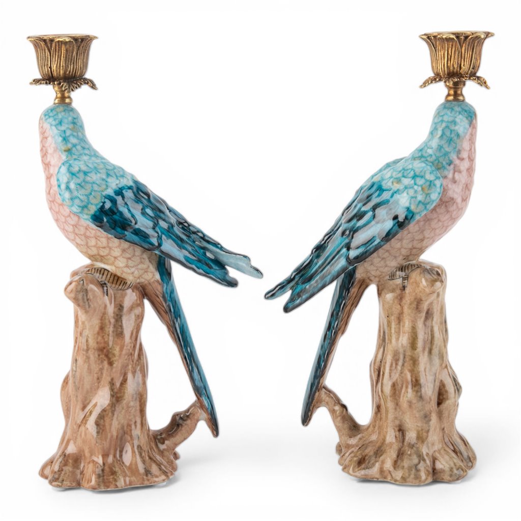 Danny's Fine Porcelain Porcelain Blue Parrot Candle Holder Pair
