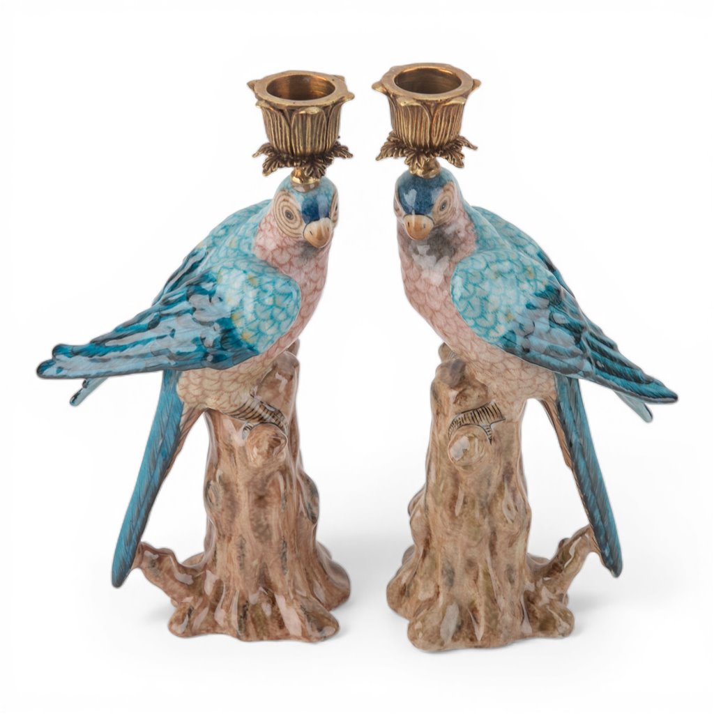 Danny's Fine Porcelain Porcelain Blue Parrot Candle Holder Pair