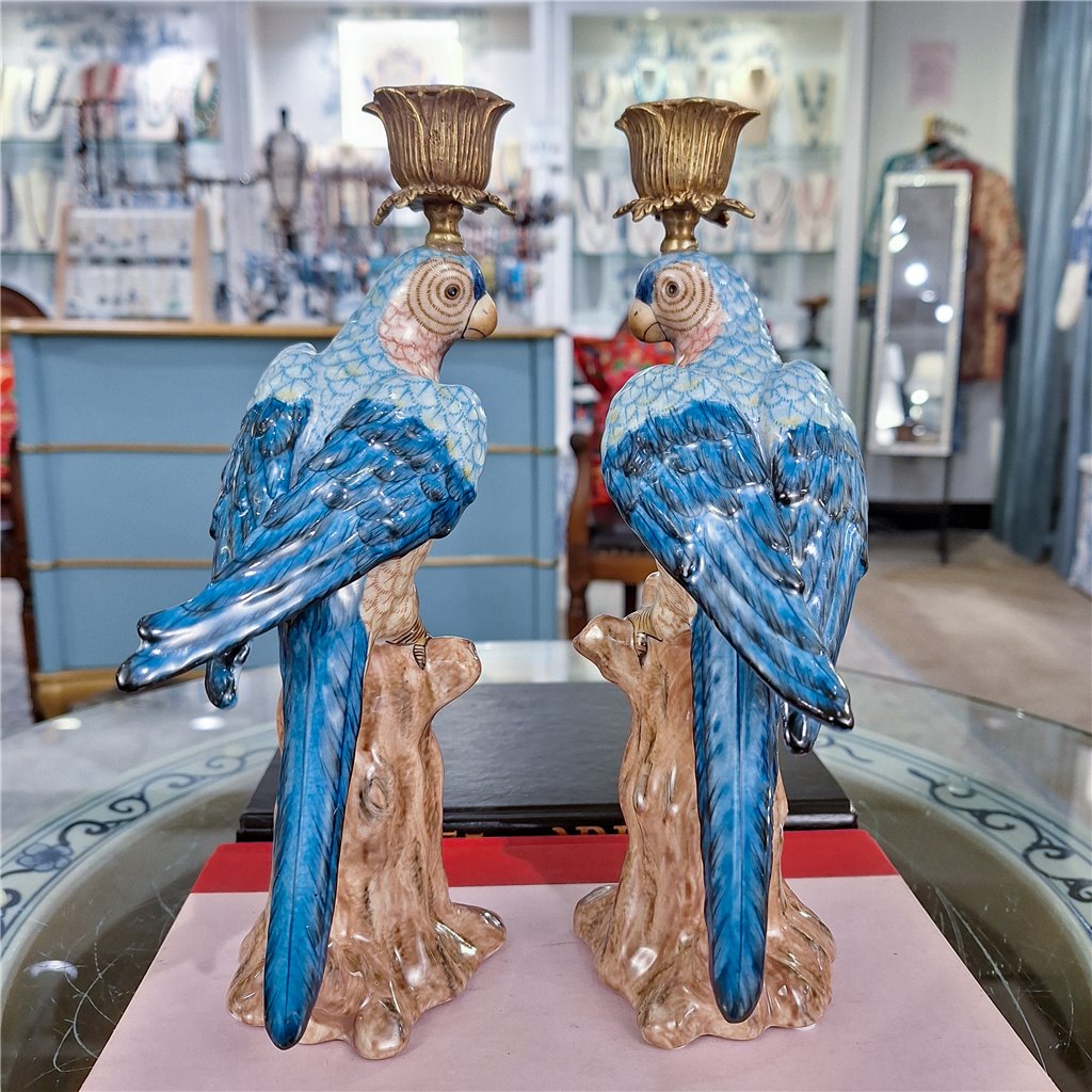 Danny's Fine Porcelain Porcelain Blue Parrot Candle Holder Pair