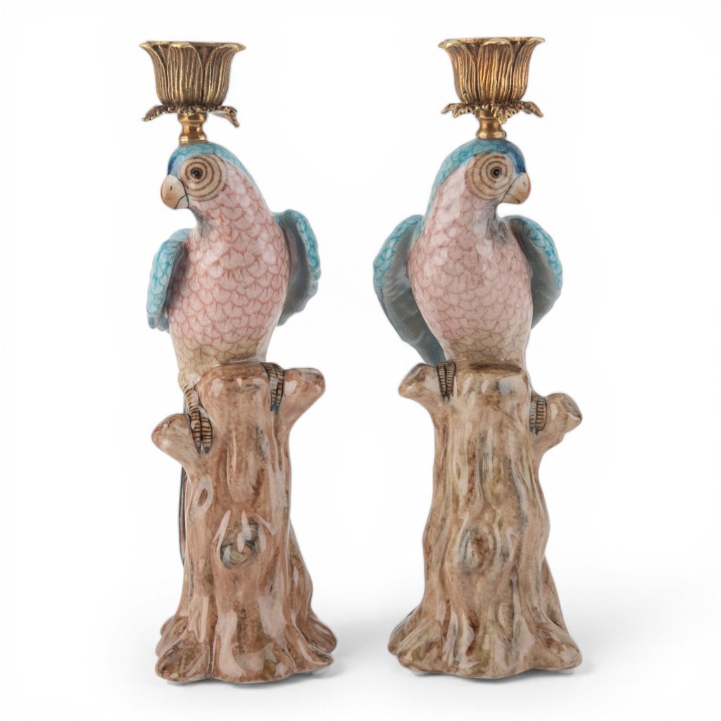Danny's Fine Porcelain Porcelain Blue Parrot Candle Holder Pair