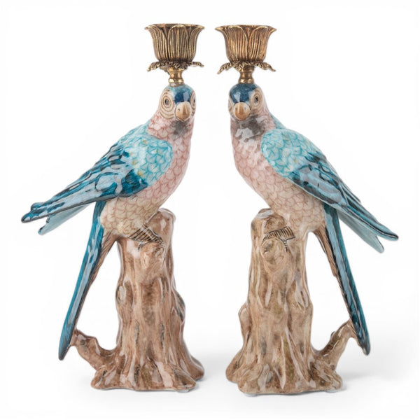 Danny's Fine Porcelain Porcelain Blue Parrot Candle Holder Pair