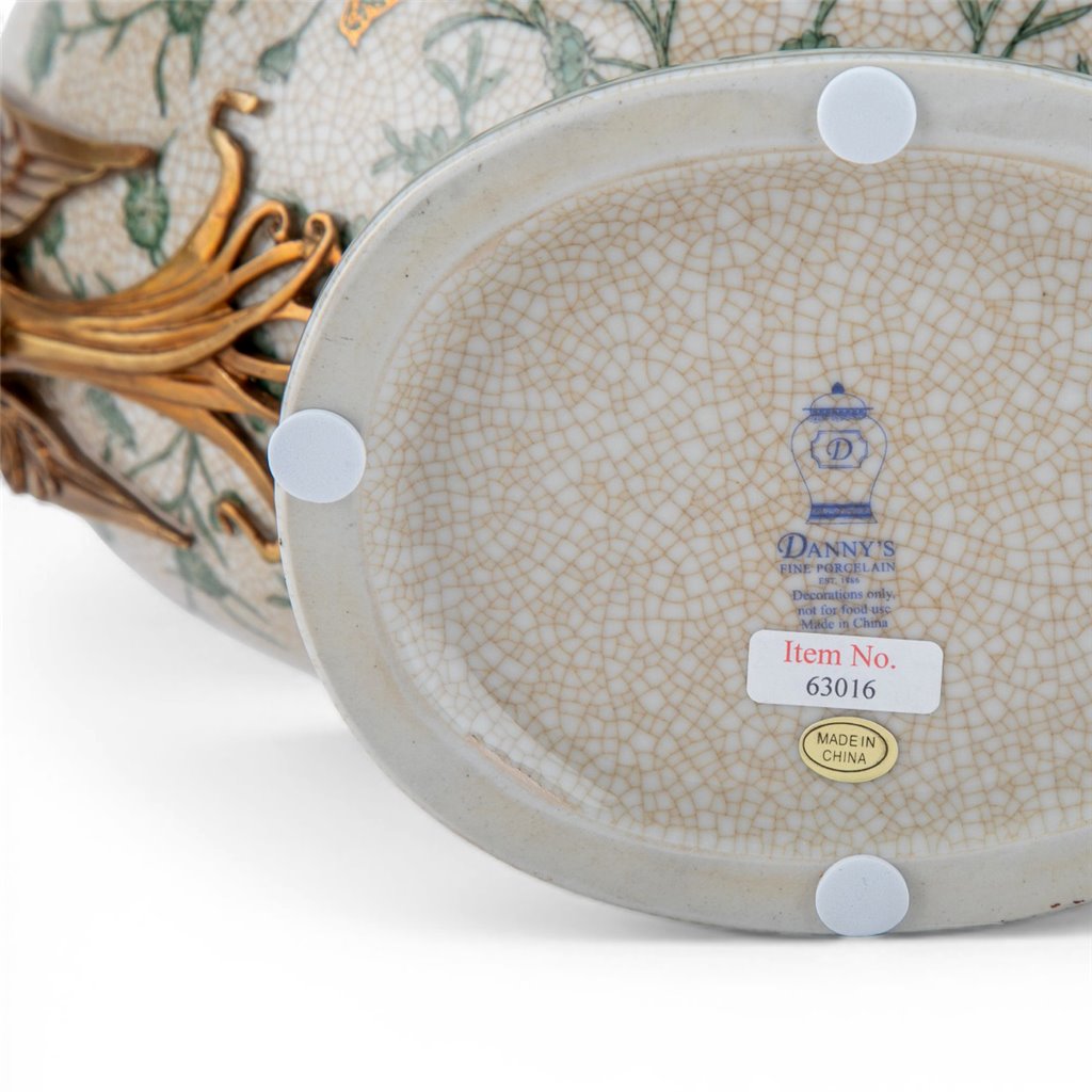 Danny's Fine Porcelain Porcelain Peacock Handle Basin with Bronze Ormolu - Green Bird Collection