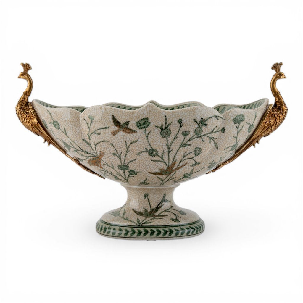 Danny's Fine Porcelain Porcelain Peacock Handle Basin with Bronze Ormolu - Green Bird Collection