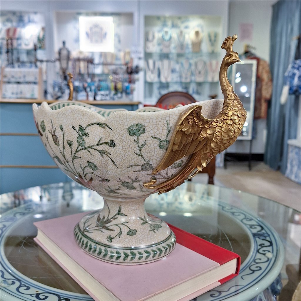 Danny's Fine Porcelain Porcelain Peacock Handle Basin with Bronze Ormolu - Green Bird Collection
