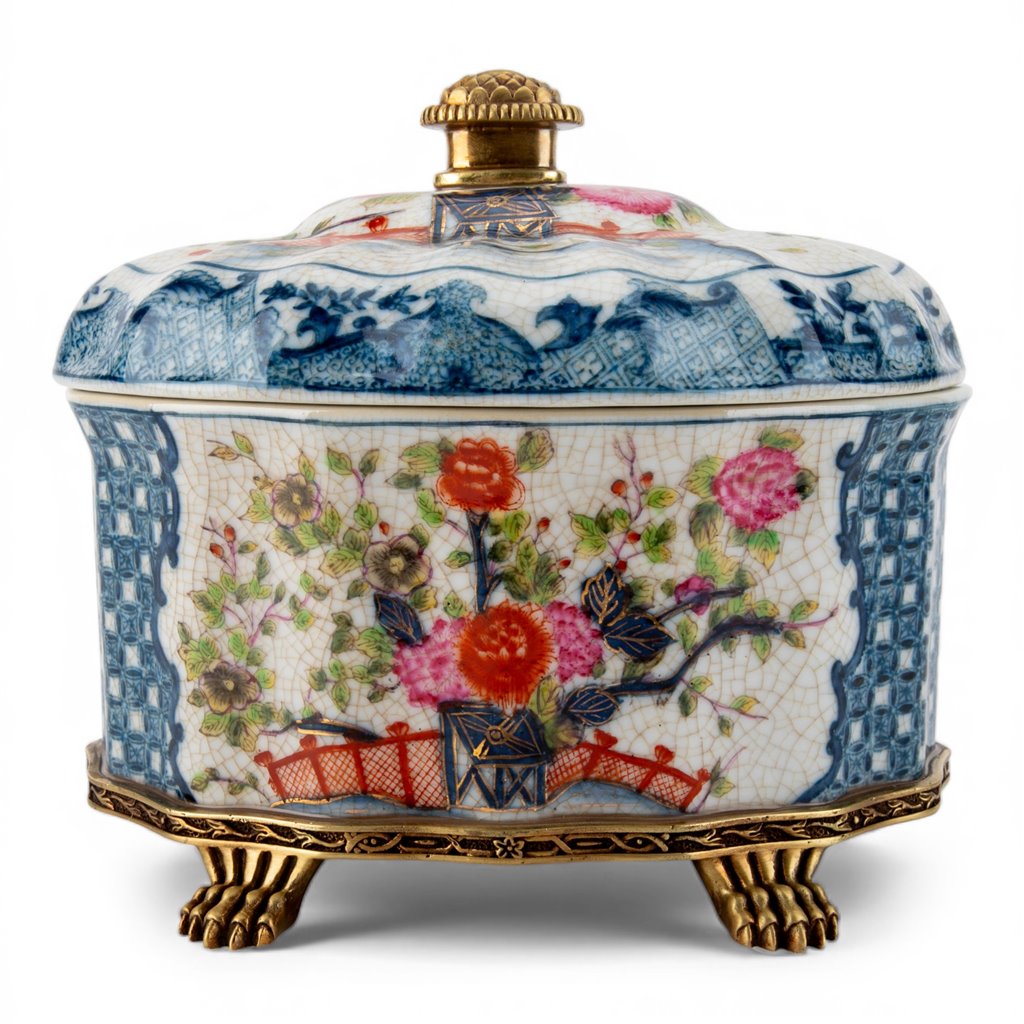 Danny's Fine Porcelain Porcelain Oval Lidded Box with Bronze Ormolu - Garden Trellis