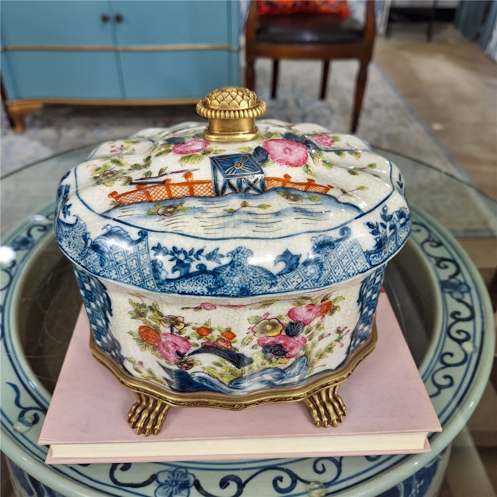 Danny's Fine Porcelain Porcelain Oval Lidded Box with Bronze Ormolu - Garden Trellis