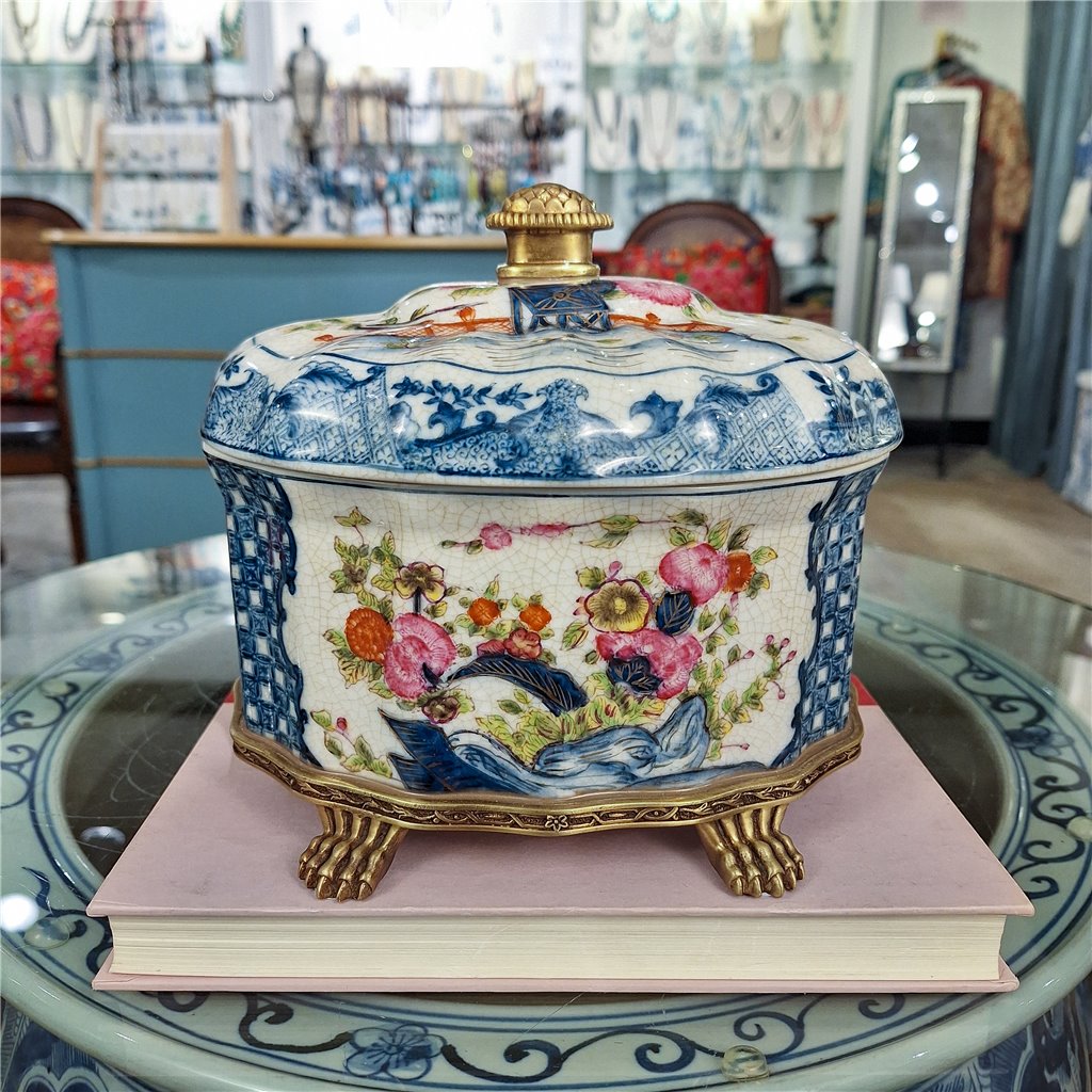 Danny's Fine Porcelain Porcelain Oval Lidded Box with Bronze Ormolu - Garden Trellis