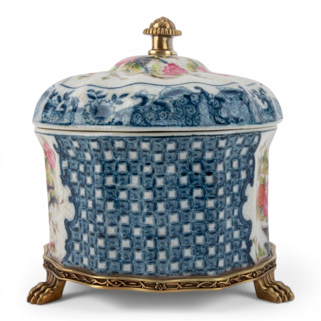 Danny's Fine Porcelain Porcelain Oval Lidded Box with Bronze Ormolu - Garden Trellis