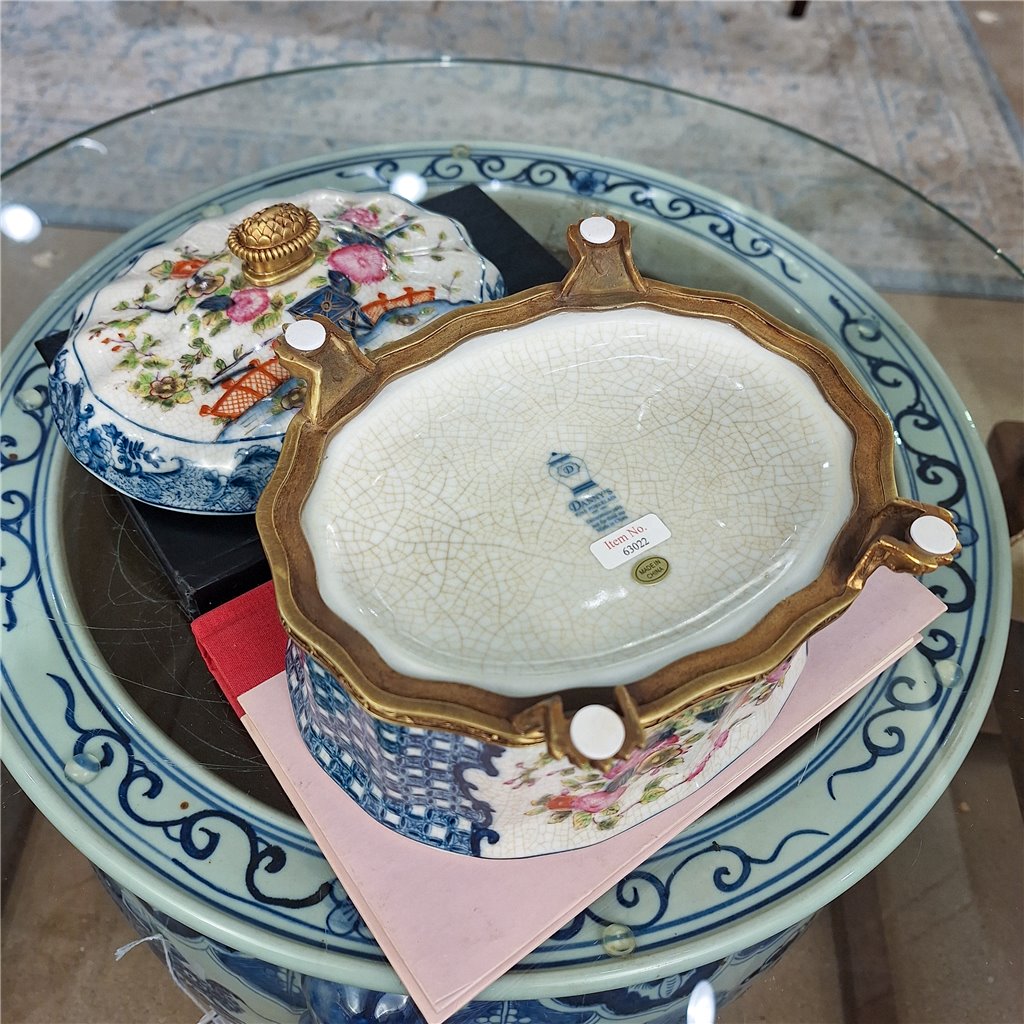 Danny's Fine Porcelain Porcelain Oval Lidded Box with Bronze Ormolu - Garden Trellis
