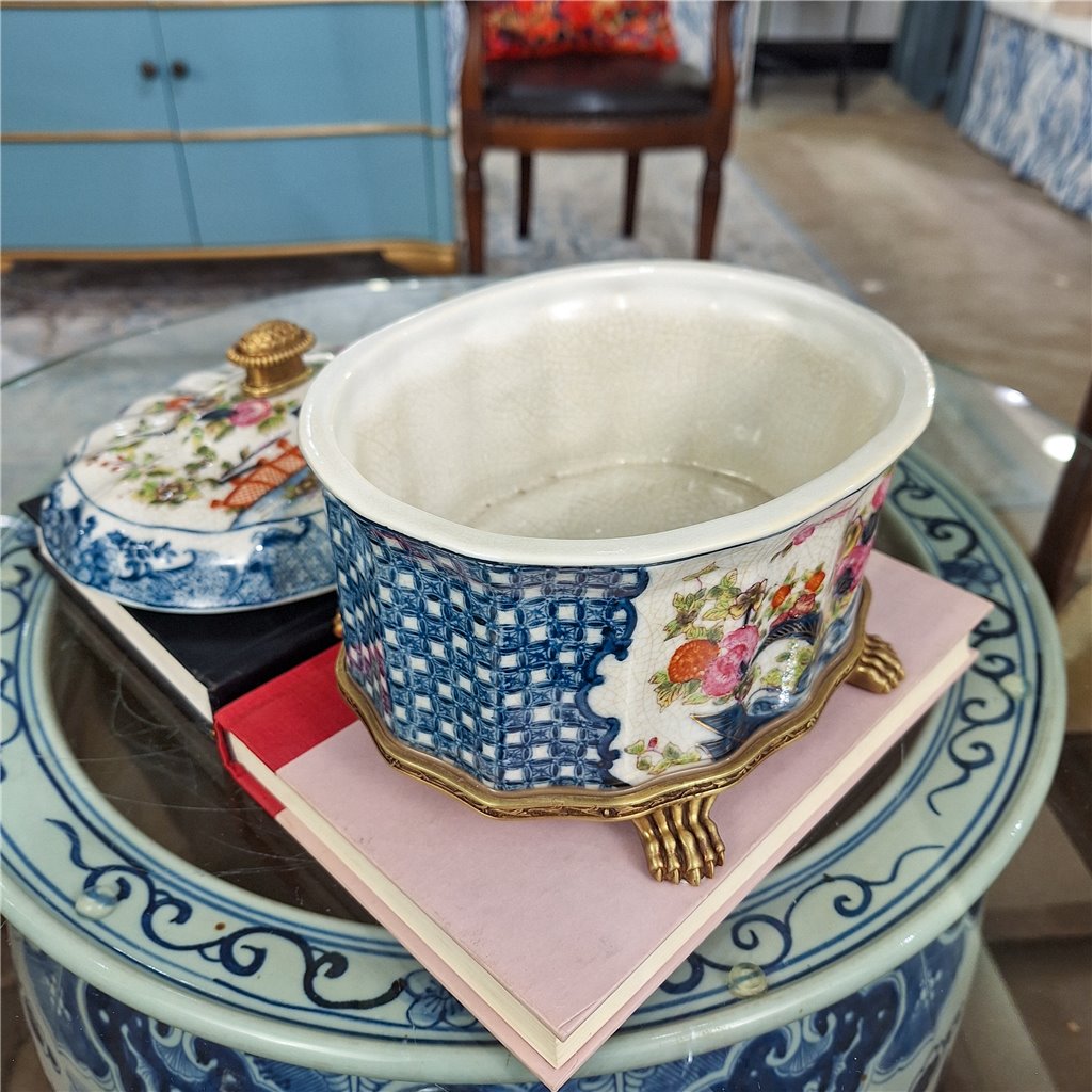 Danny's Fine Porcelain Porcelain Oval Lidded Box with Bronze Ormolu - Garden Trellis