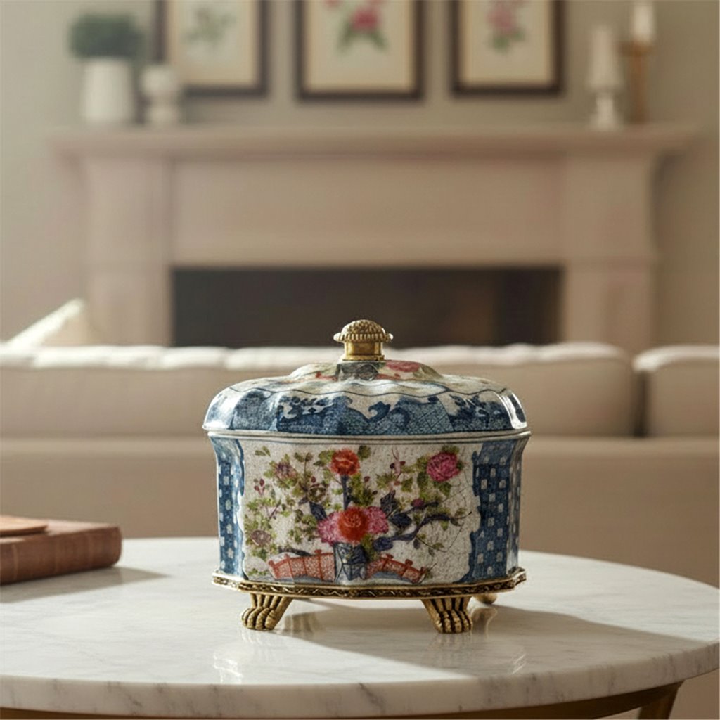 Danny's Fine Porcelain Porcelain Oval Lidded Box with Bronze Ormolu - Garden Trellis
