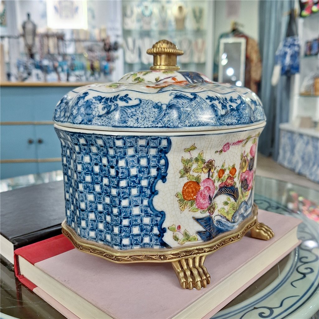 Danny's Fine Porcelain Porcelain Oval Lidded Box with Bronze Ormolu - Garden Trellis