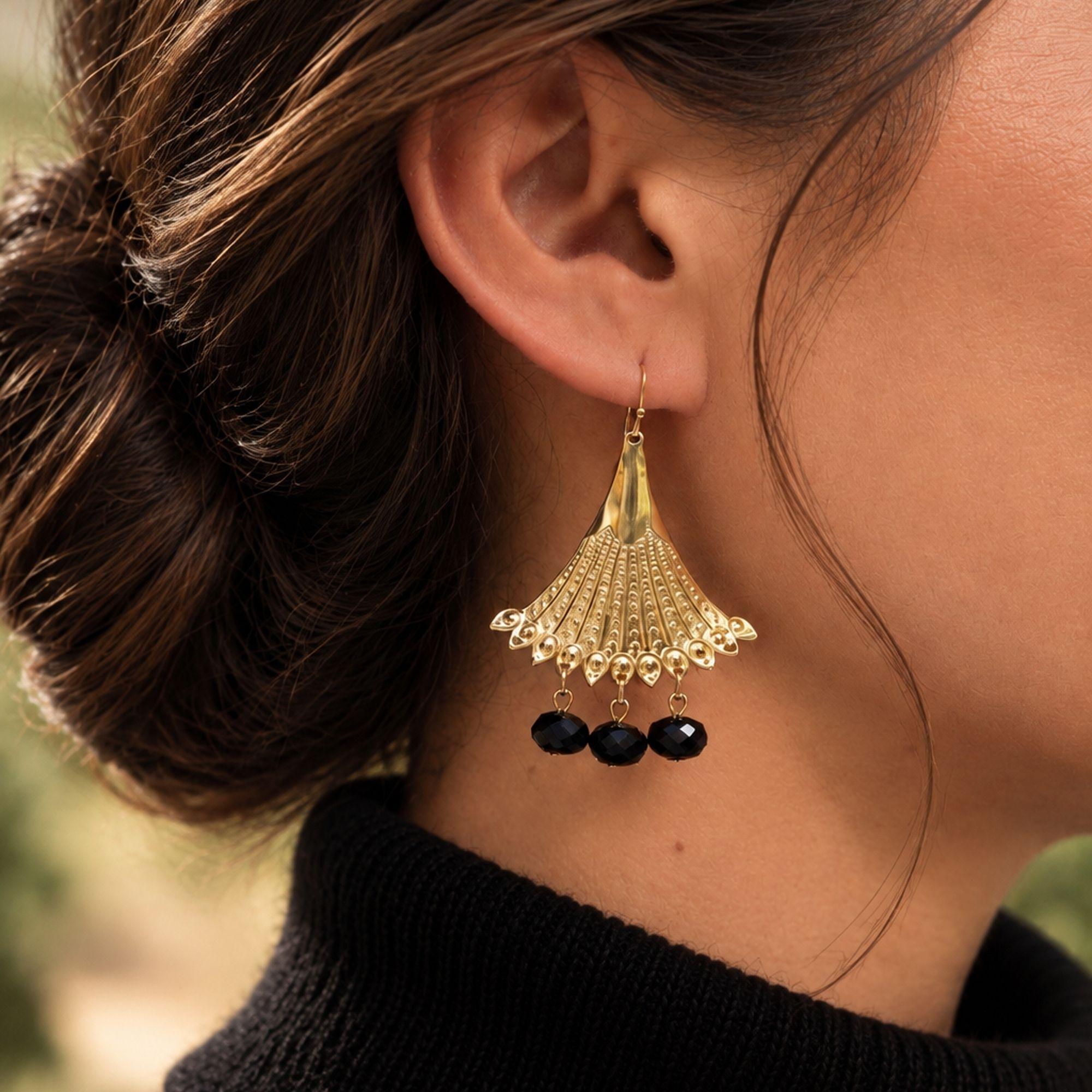 Olivia Riegel Gold Fan with Jet Bead Drop Wire Earrings