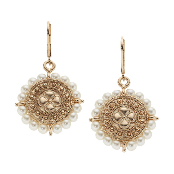 Olivia Riegel Gold Medallion with Pearls Leverback Earrings