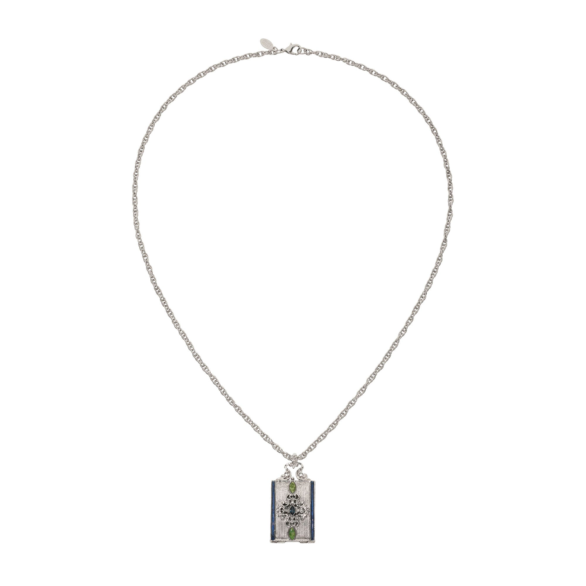 Olivia Riegel Silver Locket Necklace with Blue Enamel & Green Stones