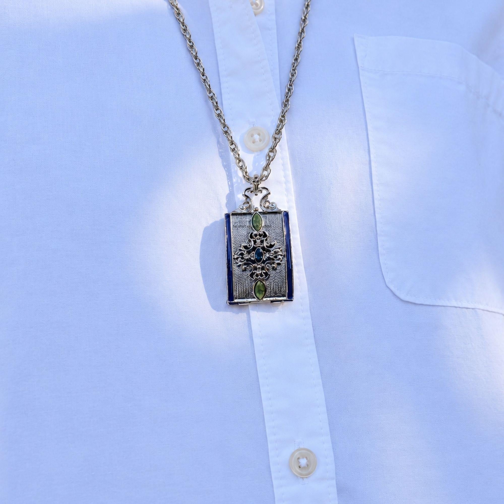 Olivia Riegel Silver Locket Necklace with Blue Enamel & Green Stones