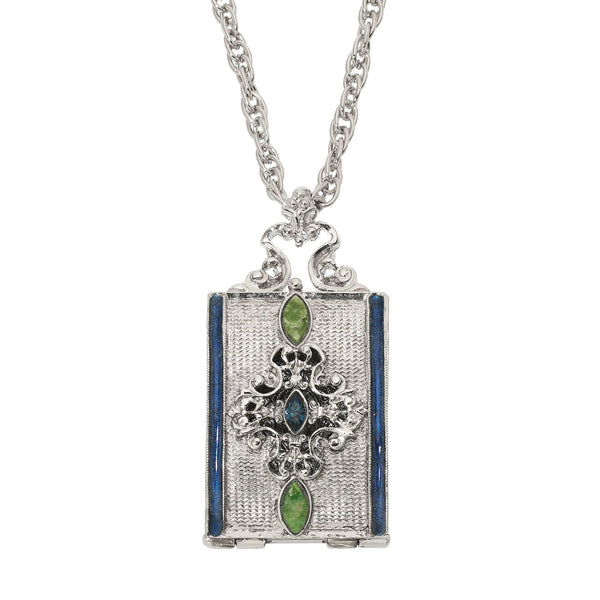 Olivia Riegel Silver Locket Necklace with Blue Enamel & Green Stones