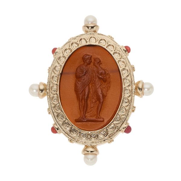 Olivia Riegel Byzantine Revival Amber Intaglio Brooch with Pearls