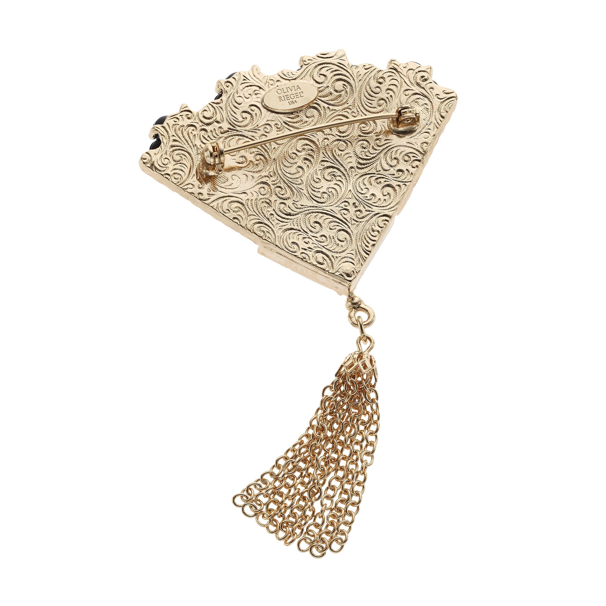 Olivia Riegel Black Fan with Gold Tassel Brooch