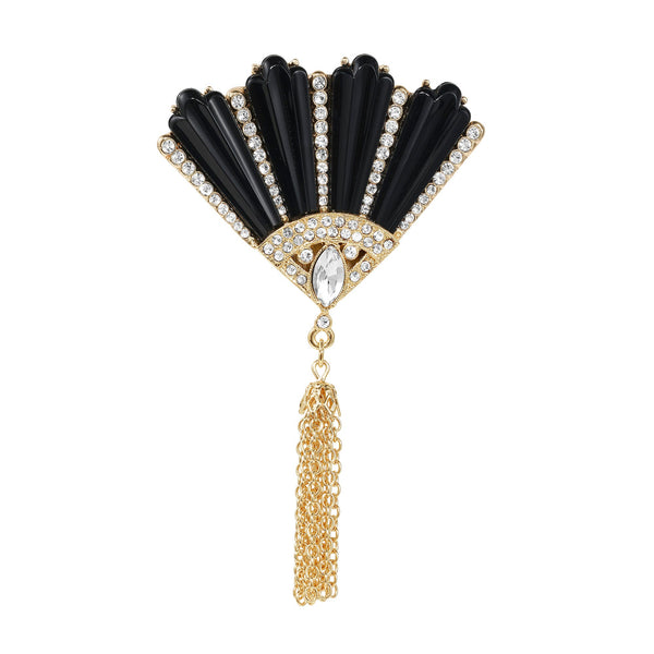 Olivia Riegel Black Fan with Gold Tassel Brooch